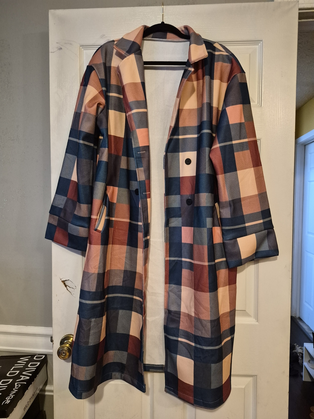Plaid Long Women's Coat - Navy & Peach